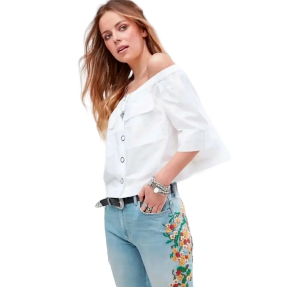 Free People Showing Shoulders Top Large 12 White 100% Cotton Breathable Cool NWT